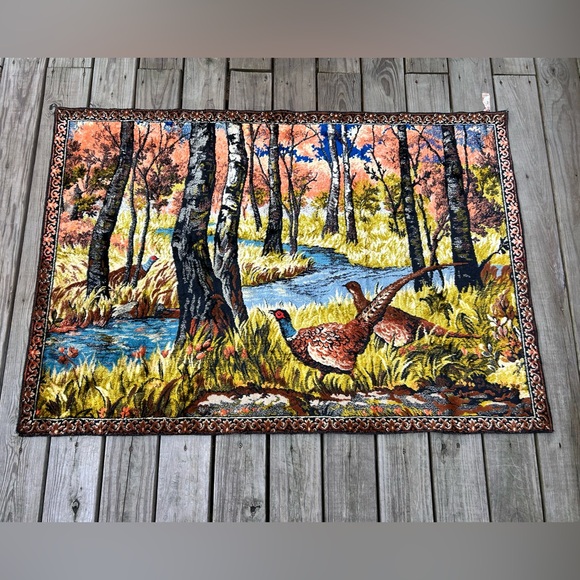 Vintage Woven Velvet Tapestry Forest Pheasants Scene Wall Rug Man Cave 39x58” - Picture 1 of 3